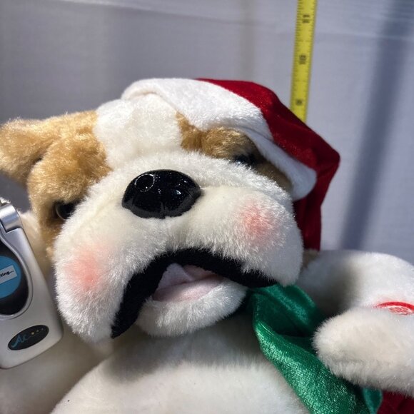 Holiday Bulldog Plush Singing In Chair Santa Hat Holding Flip Phone Christmas - Picture 7 of 11